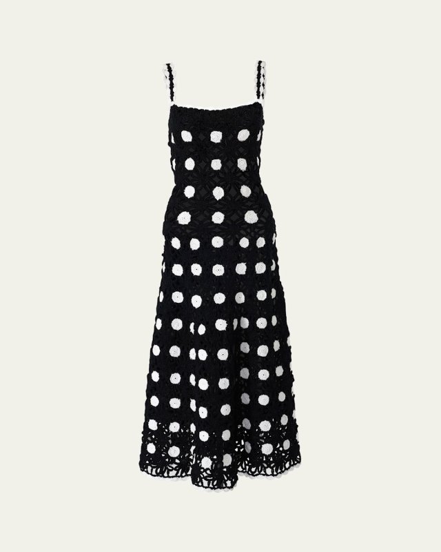 Polka-Dot Crochet-Knit Sleeveless Midi Dress
